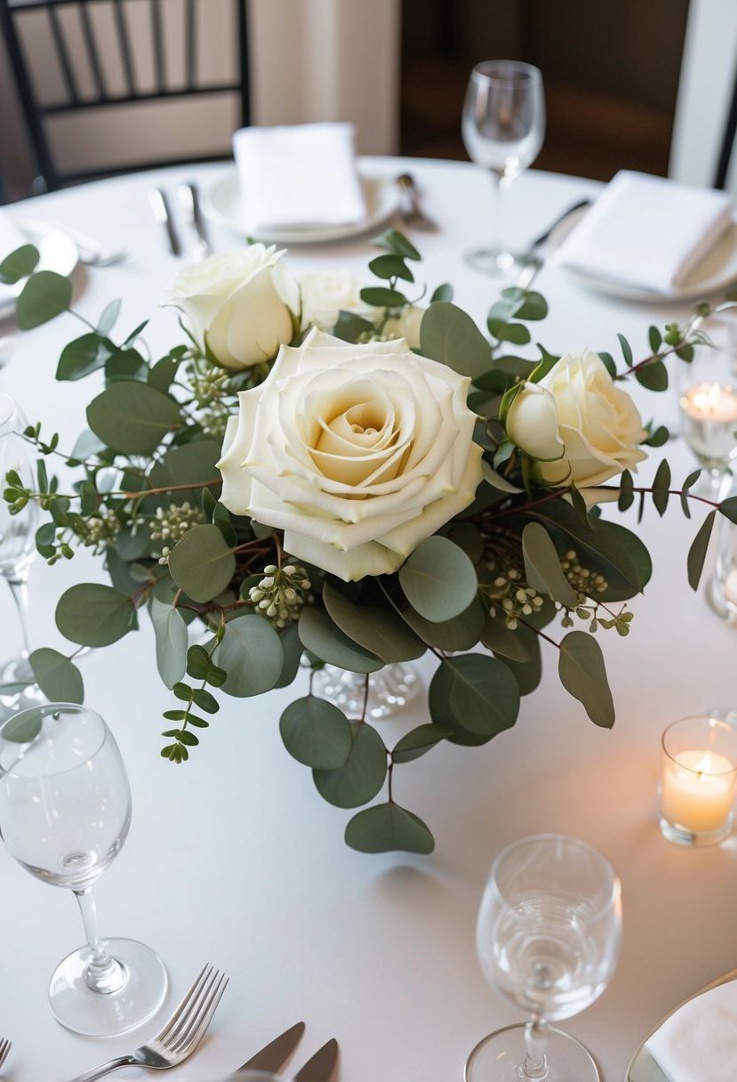 6) White Roses Arranged with Eucalyptus