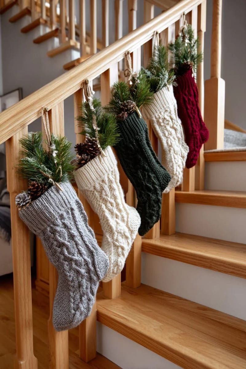 26. Sweater Stockings on the Staircase with Pine Sprigs