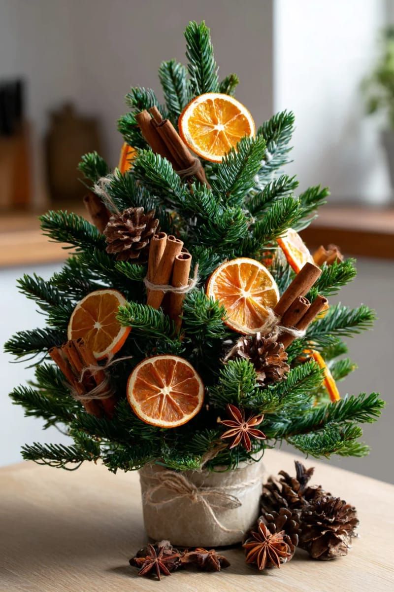 25. Mini tabletop tree with cinnamon sticks and orange slices