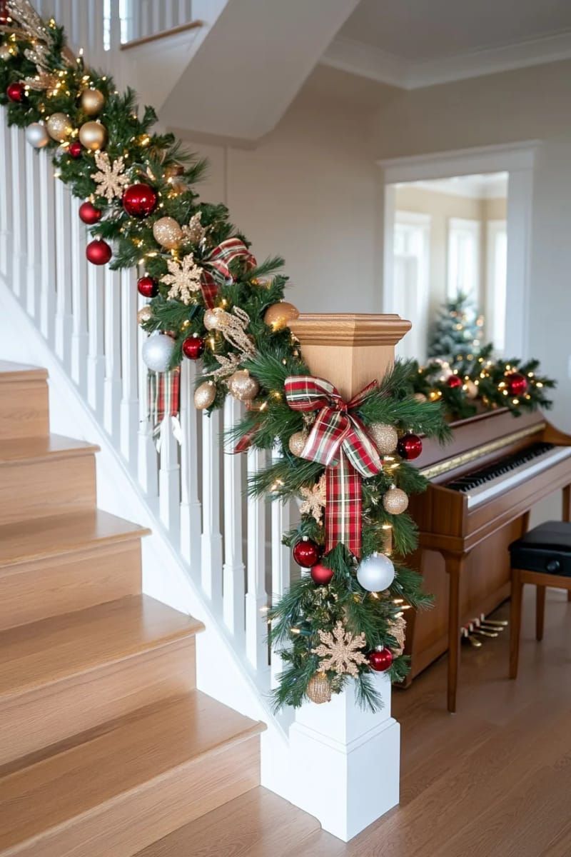 23. Staircase railing wrapped in garland and checked bows - photo 2