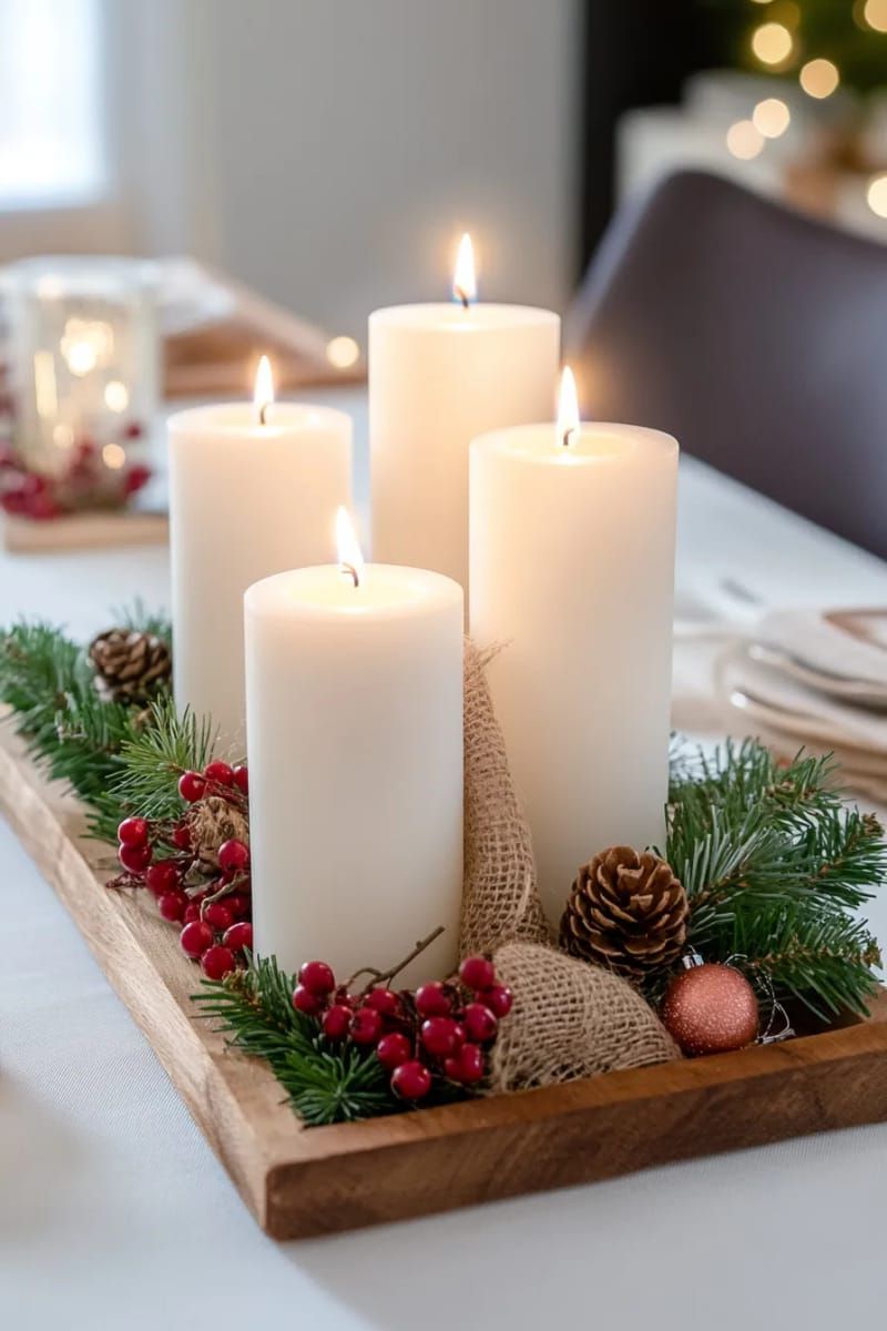 3. Evergreen and Pillar Candle Wood Tray