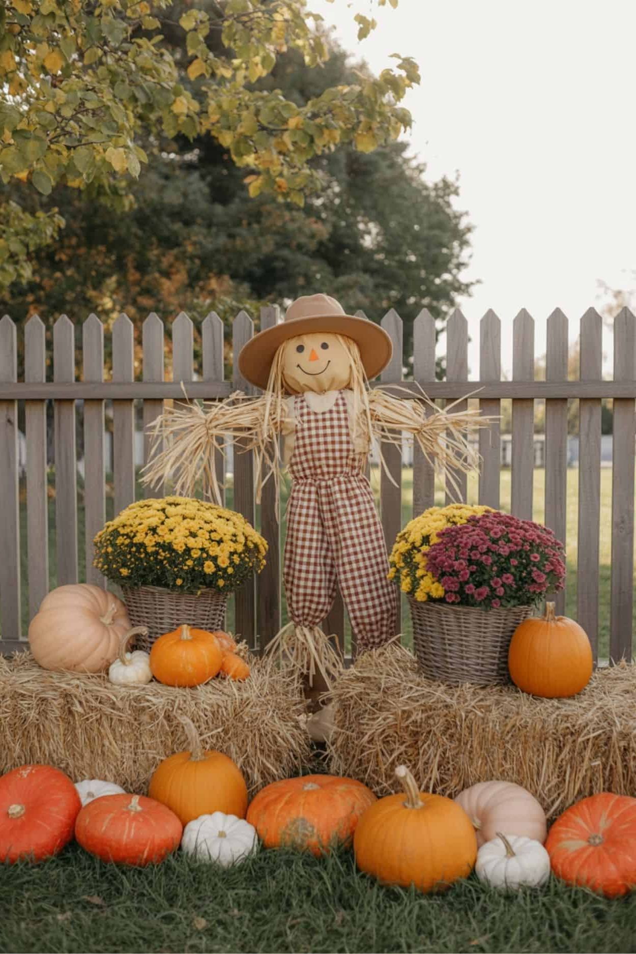 Scarecrow Shows Off with Pumpkins and Hay