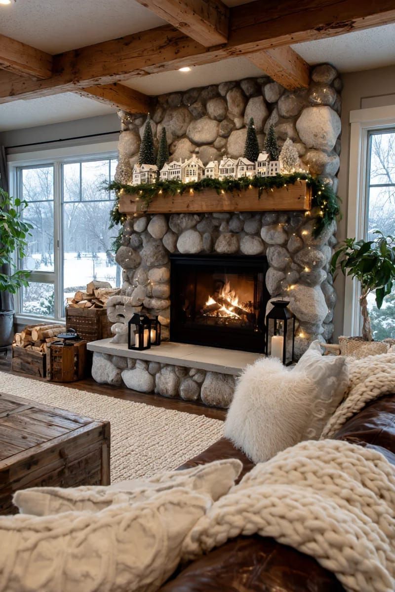 6. Charming white homes and small green trees adorning a snug fireplace mantel - photo 2