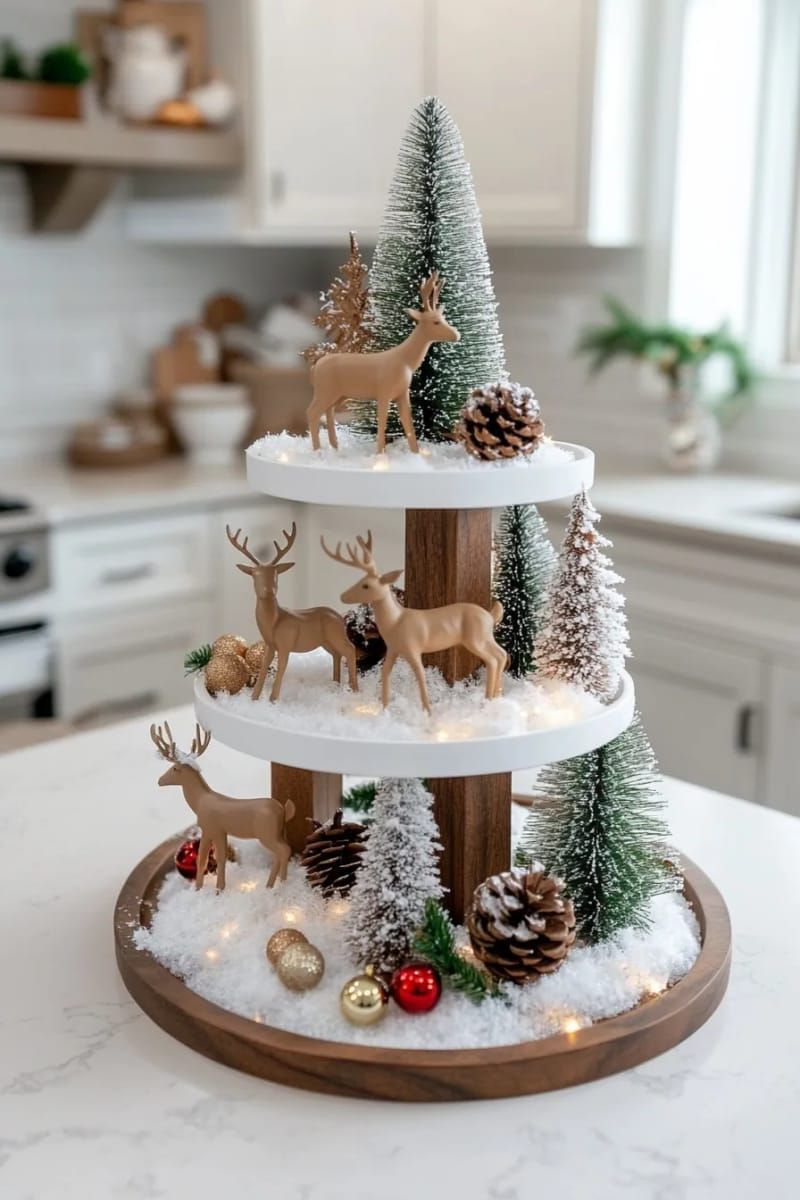 15. Multi-level tray featuring small reindeer, artificial snow, and twinkling lights for the kitchen - photo 2
