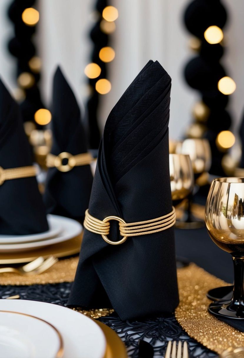 5) Black napkins with gold napkin rings