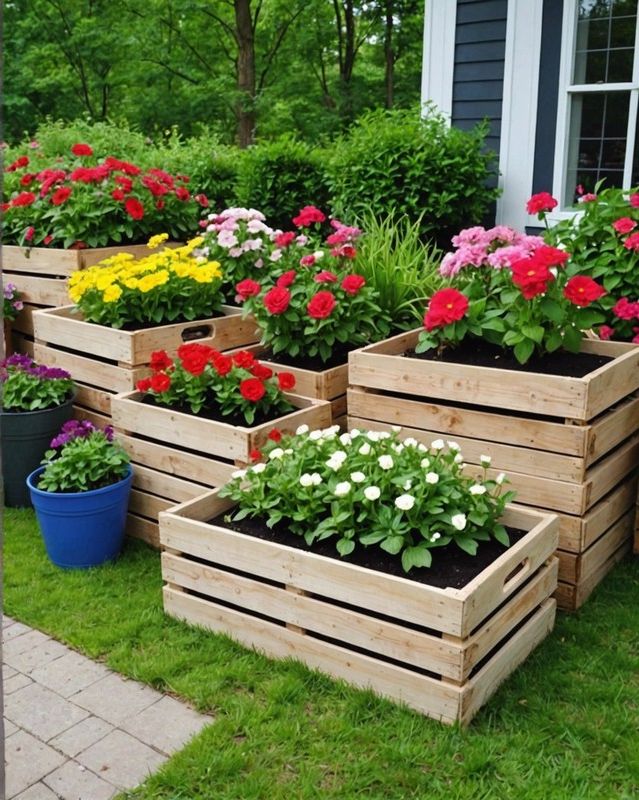 4) Wooden Crates as Flower Beds