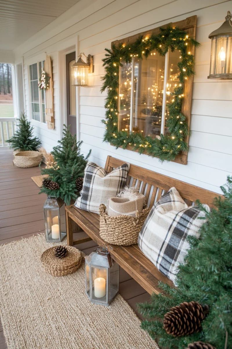15. Garland-Wrapped Mirror and Chandelier Porch Display - photo 2