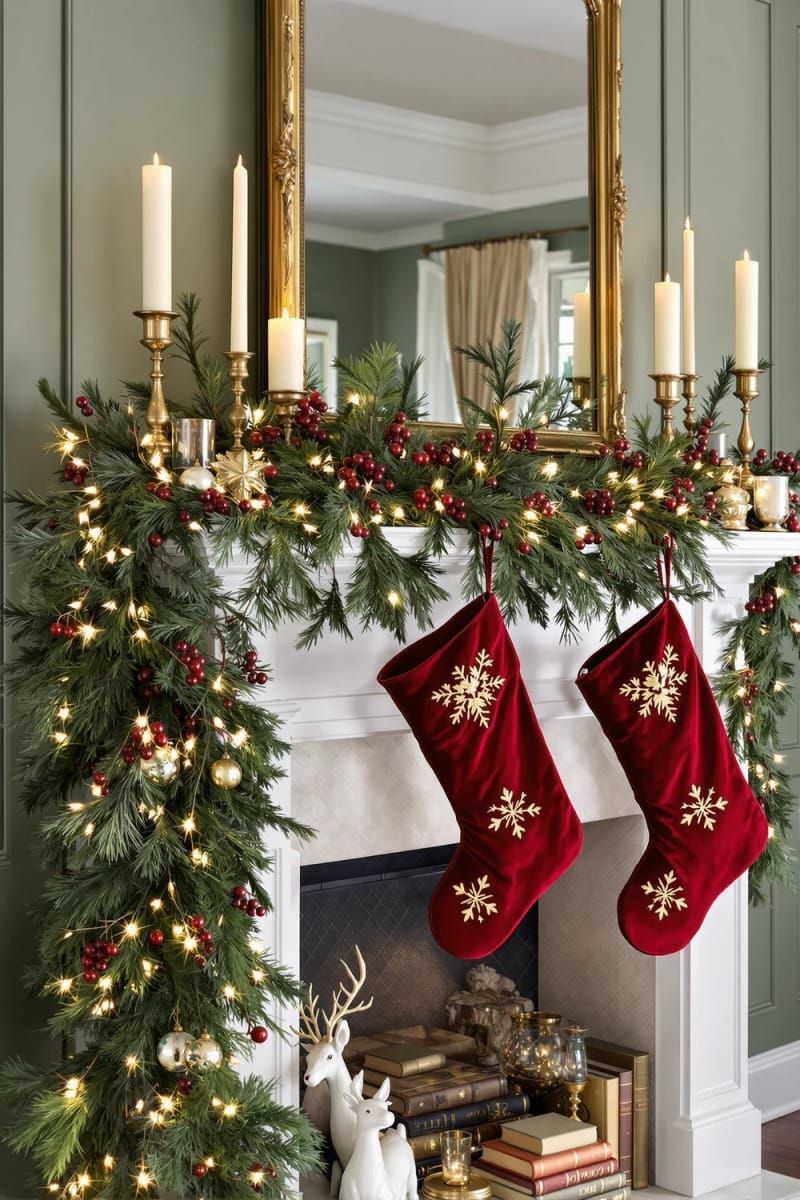 1. Retro Mantel With Velvet Stockings and Pine Garland - photo 2