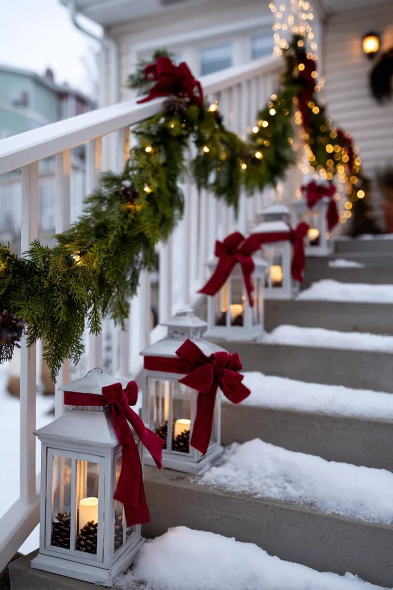 4. Dollar Tree lanterns with ribbon along porch stairs