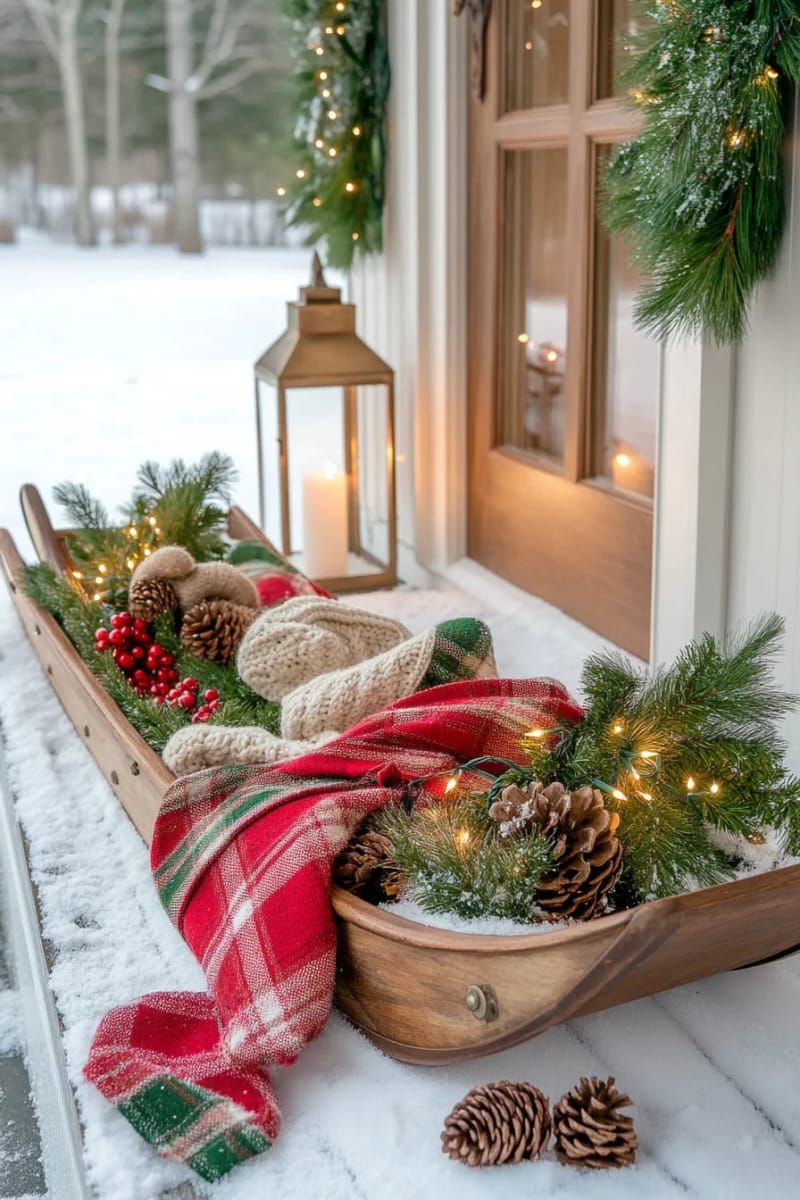 21. Wooden Sleds Styled With Plaid Blankets and Pine - photo 2