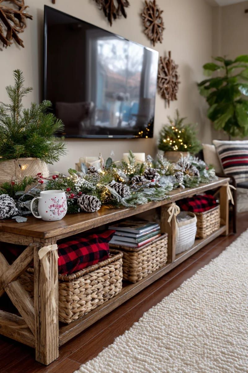 7. Pinecone and greenery garland on the TV stand