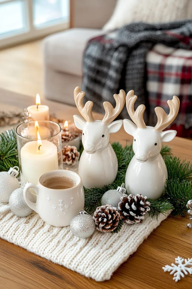 11. Ceramic reindeer figures with pine on a coffee table