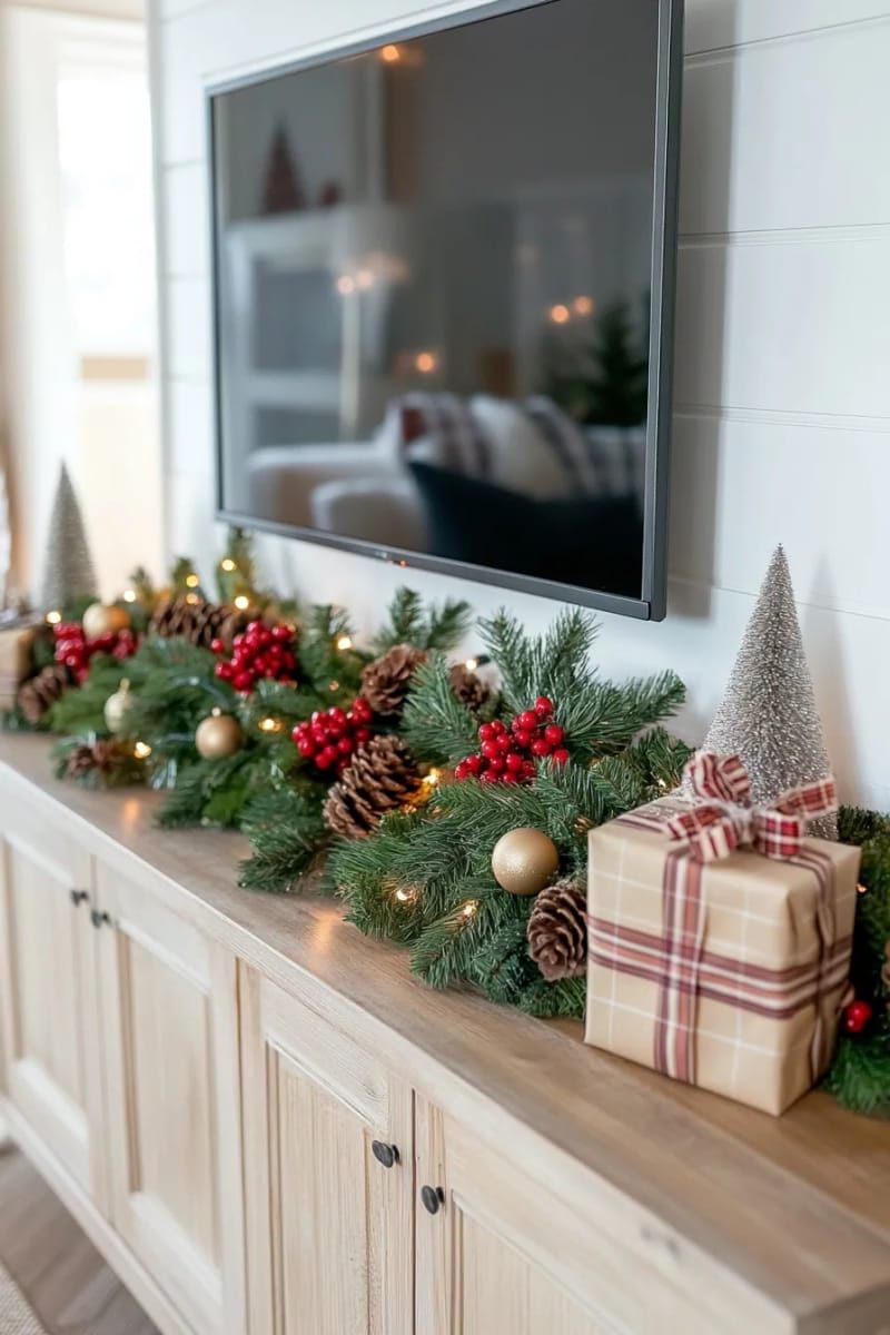 9. Garland Draped Above the TV With Berries