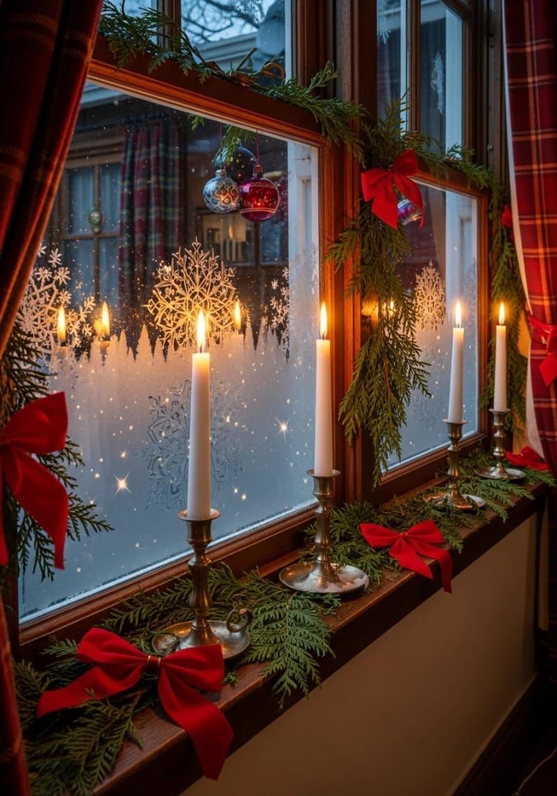 6. Candlelit windowsills with cedar and red ribbon - photo 2