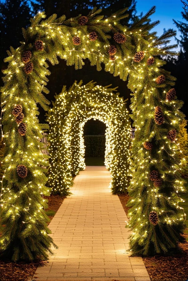 19. Fairy-Lit Pine Garland Frames the Entrance
