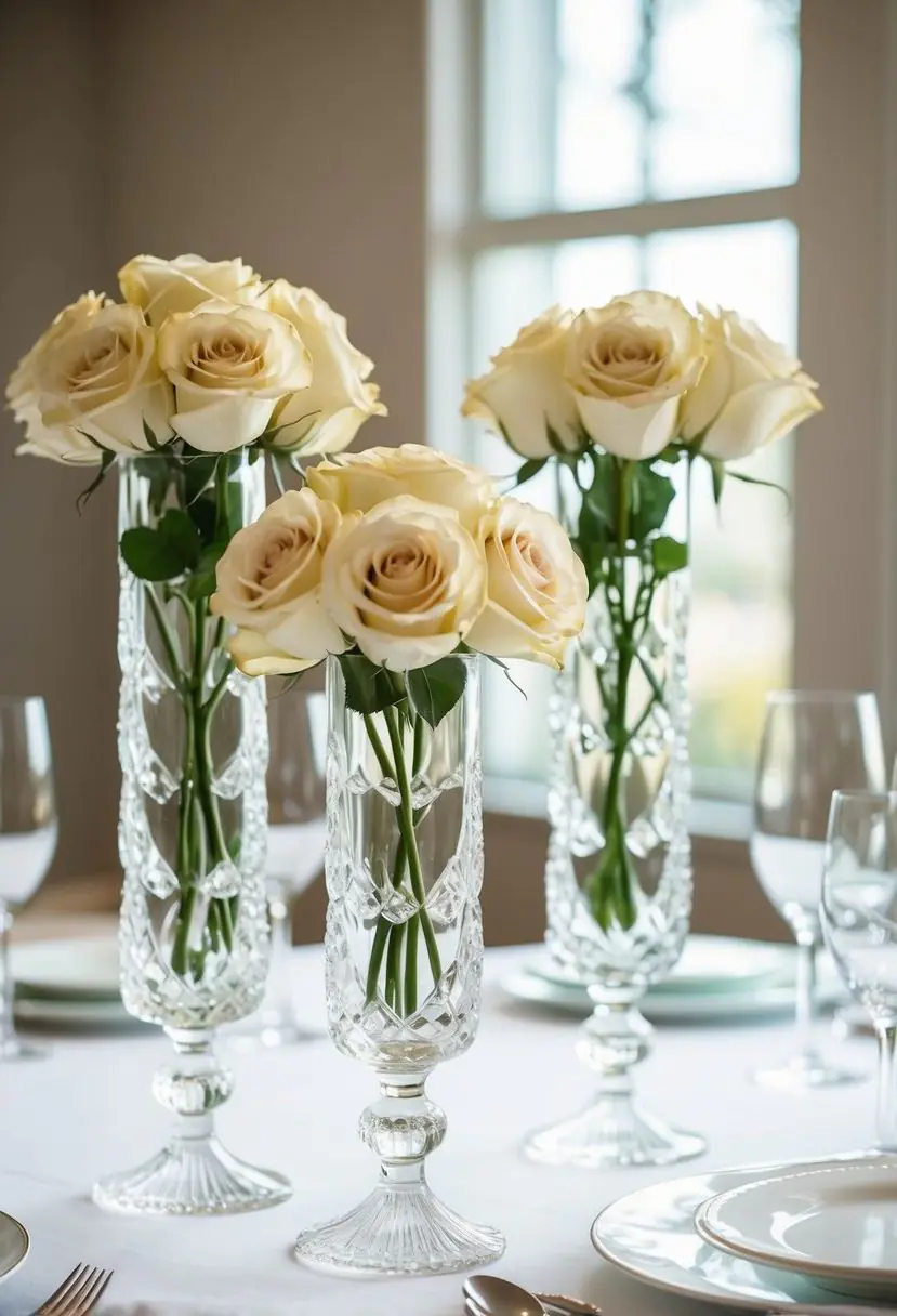 4) Crystal Vases Filled with Ivory Roses
