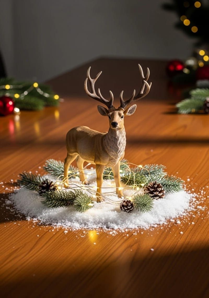 29. Stag Statue With Snow and Fairy Lights