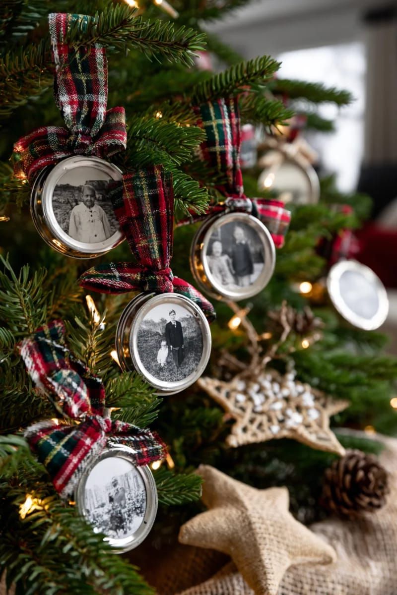 20. Repurposed tin lid photo decorations with plaid ribbon hangers - photo 2