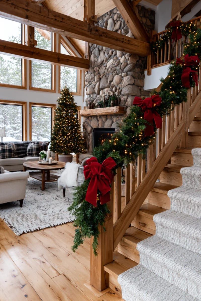 2. Country-style staircase banister adorned with red velvet bows and pine garland