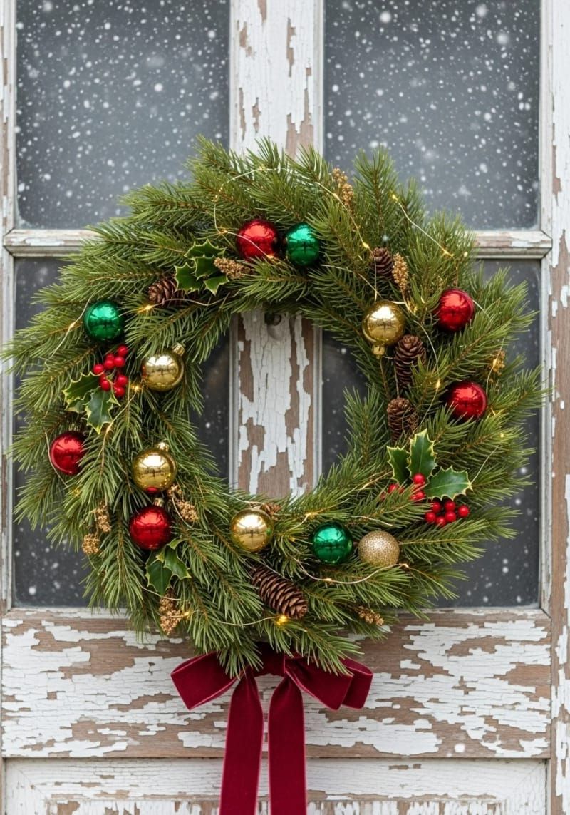 28. Fairy-lit pine wreath with small ornaments