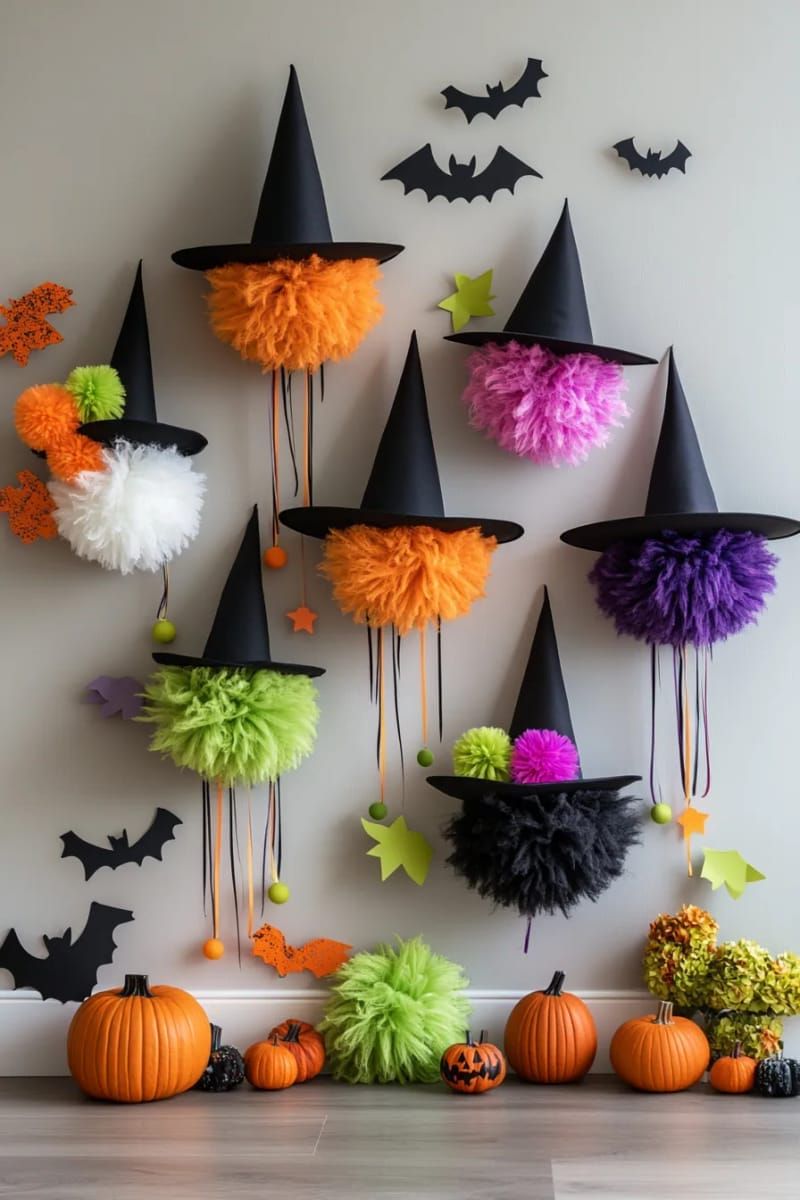 9. Pompom-Trimmed Witch Hat Hangings