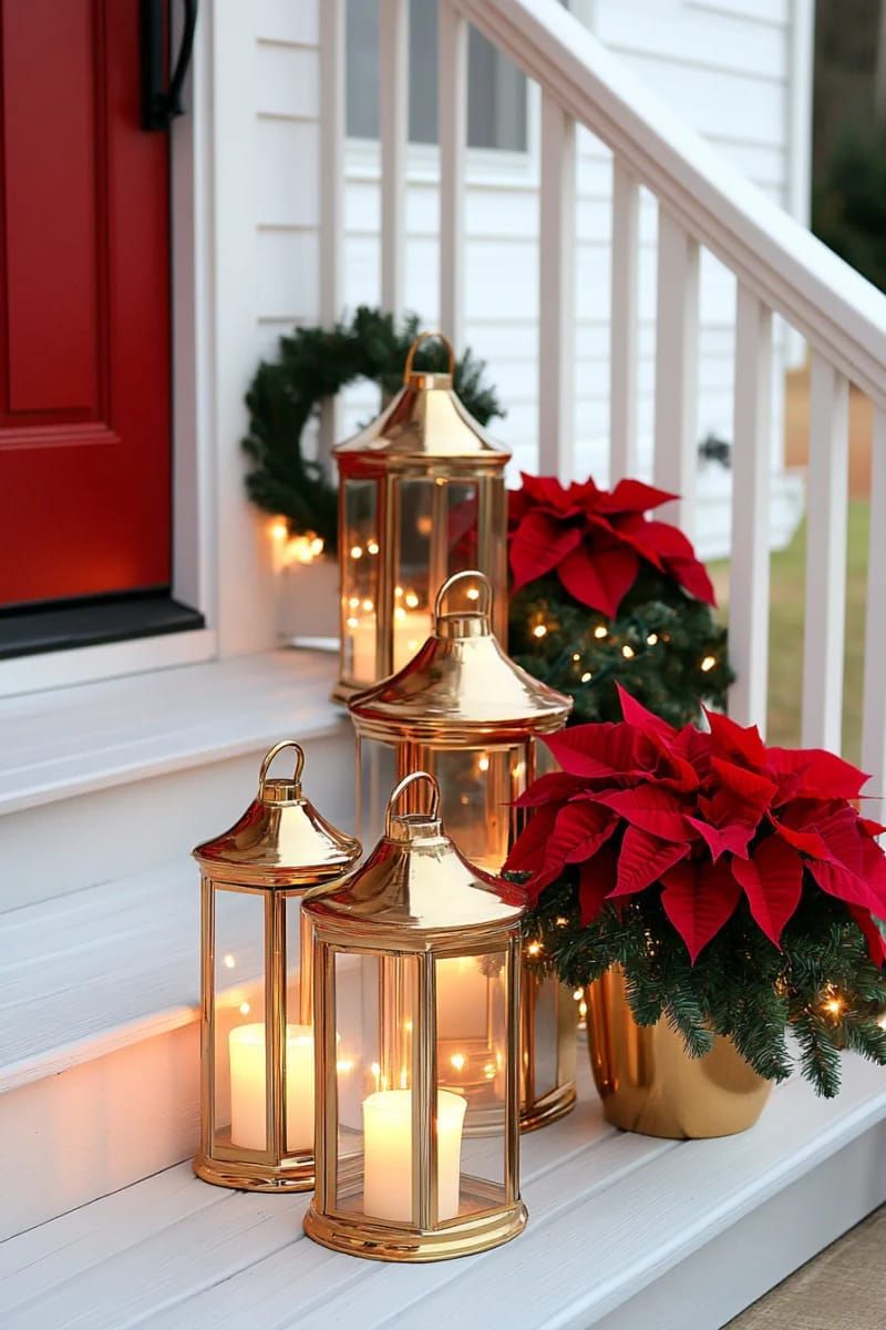 9. Gold Lanterns And Red Poinsettias Along The Steps