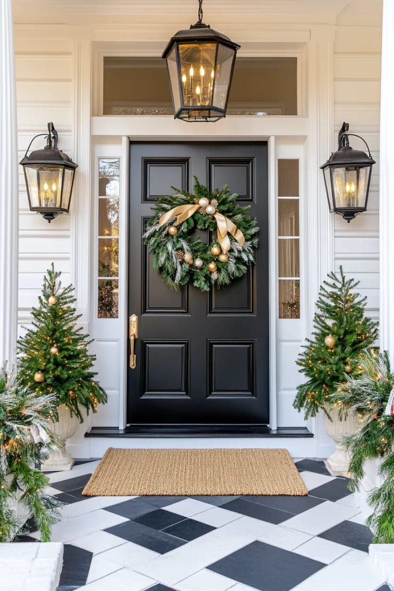 21. Black Door with Minimalist Magnolia Wreath and Gold Accents