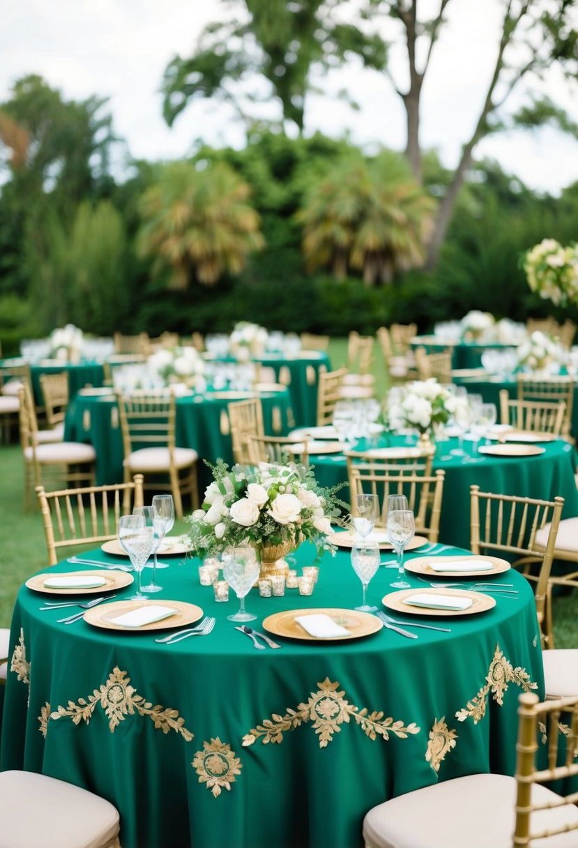 8) Green and gold embroidered tablecloths