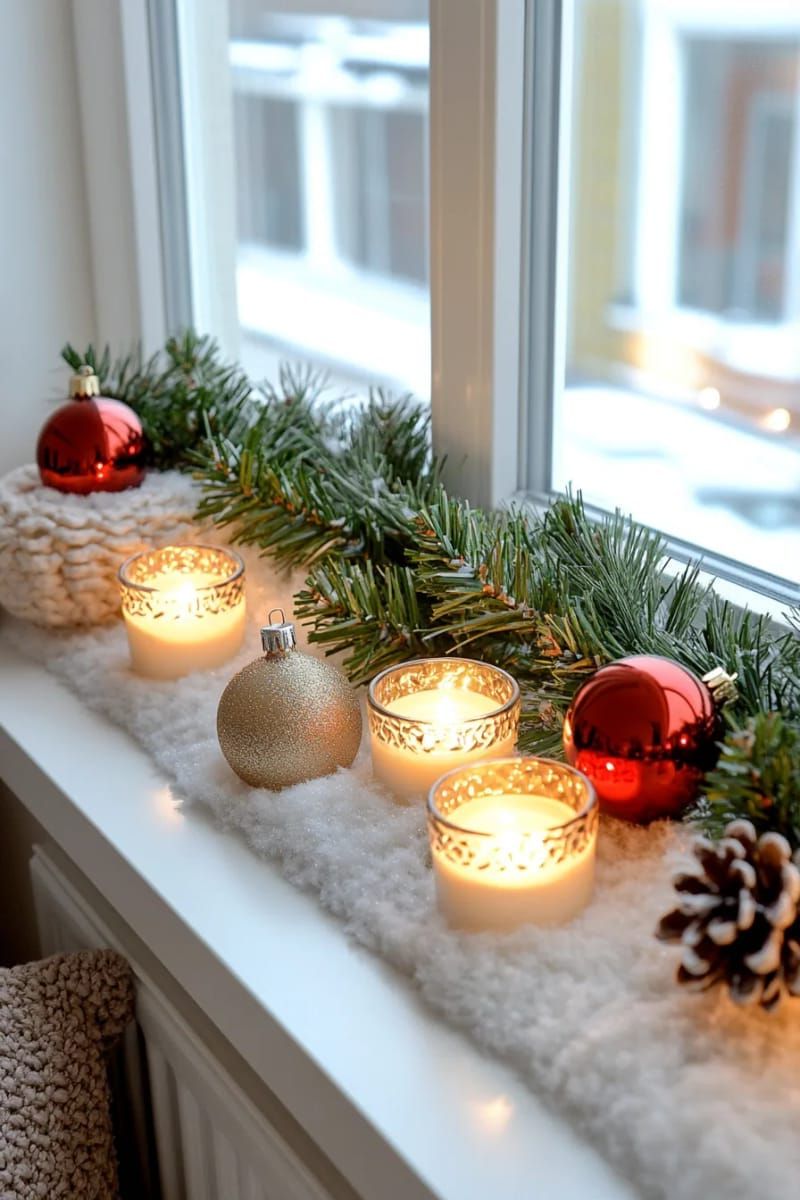 22. Faux snow and LED candles along the windowsill