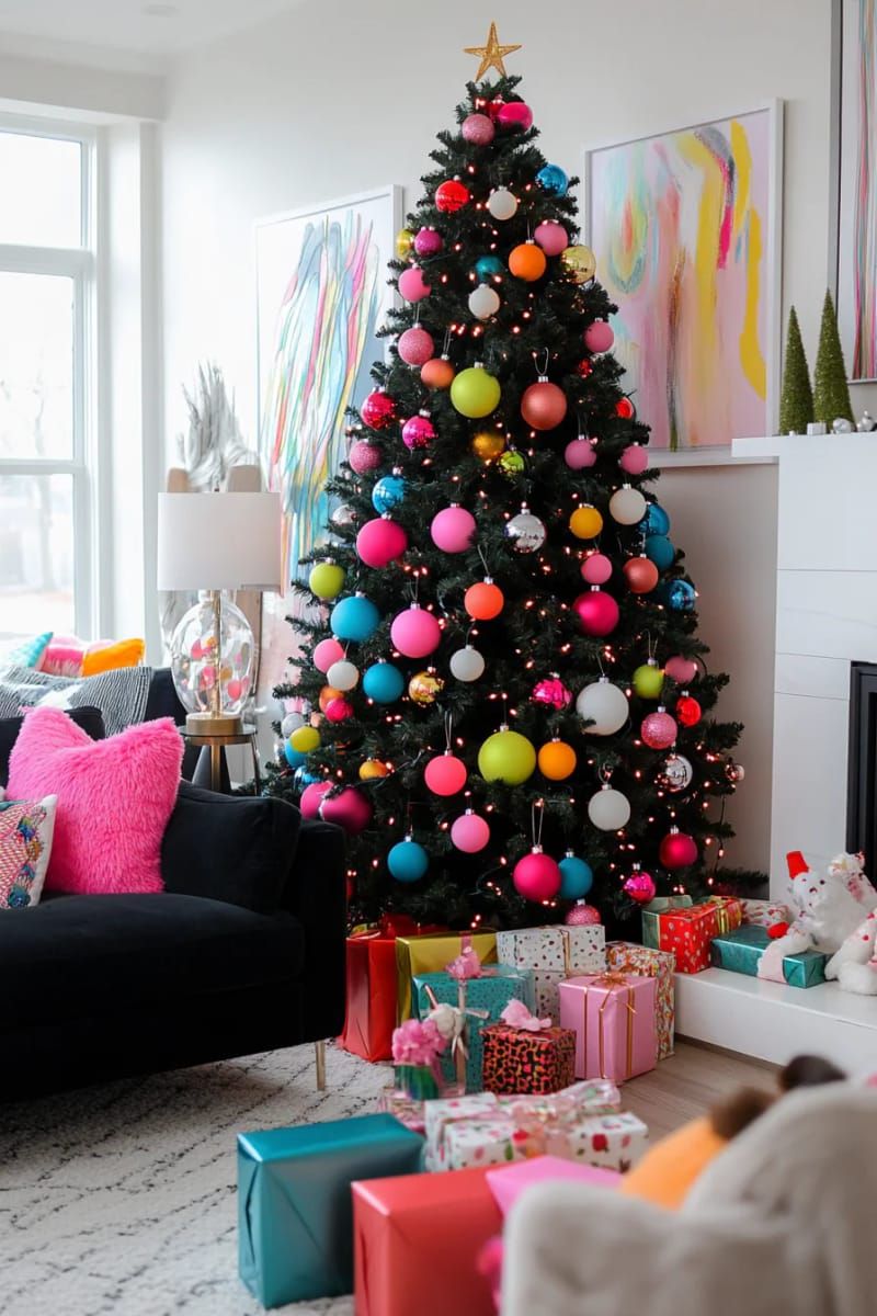 18. Black Tree With Bold Neon Ornaments