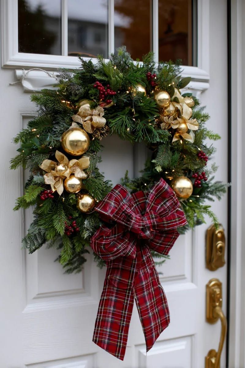 4. Plaid Wreath With Gold Ornaments and Ribbon - photo 2
