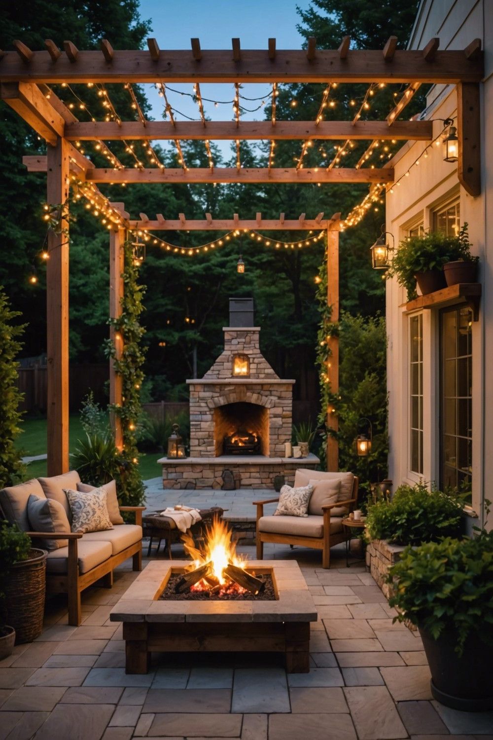 Outdoor Fireplace Under a Pergola with String Lights