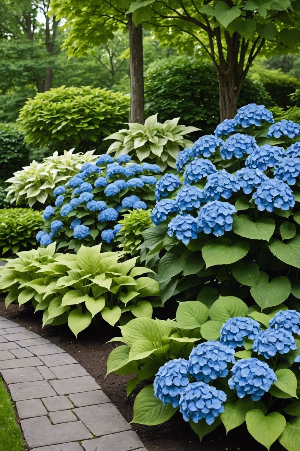 Crisp Look with Blue Hydrangeas and Solid-Colored Hostas