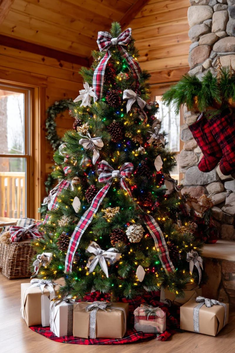 20. Country Christmas Tree With Plaid Ribbons