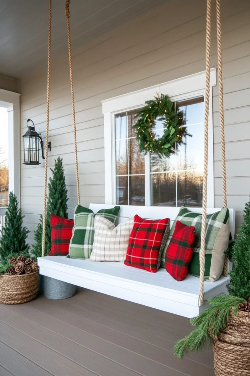 12. Farmhouse Porch Swing with Tartan Pillows and Blankets - photo 2