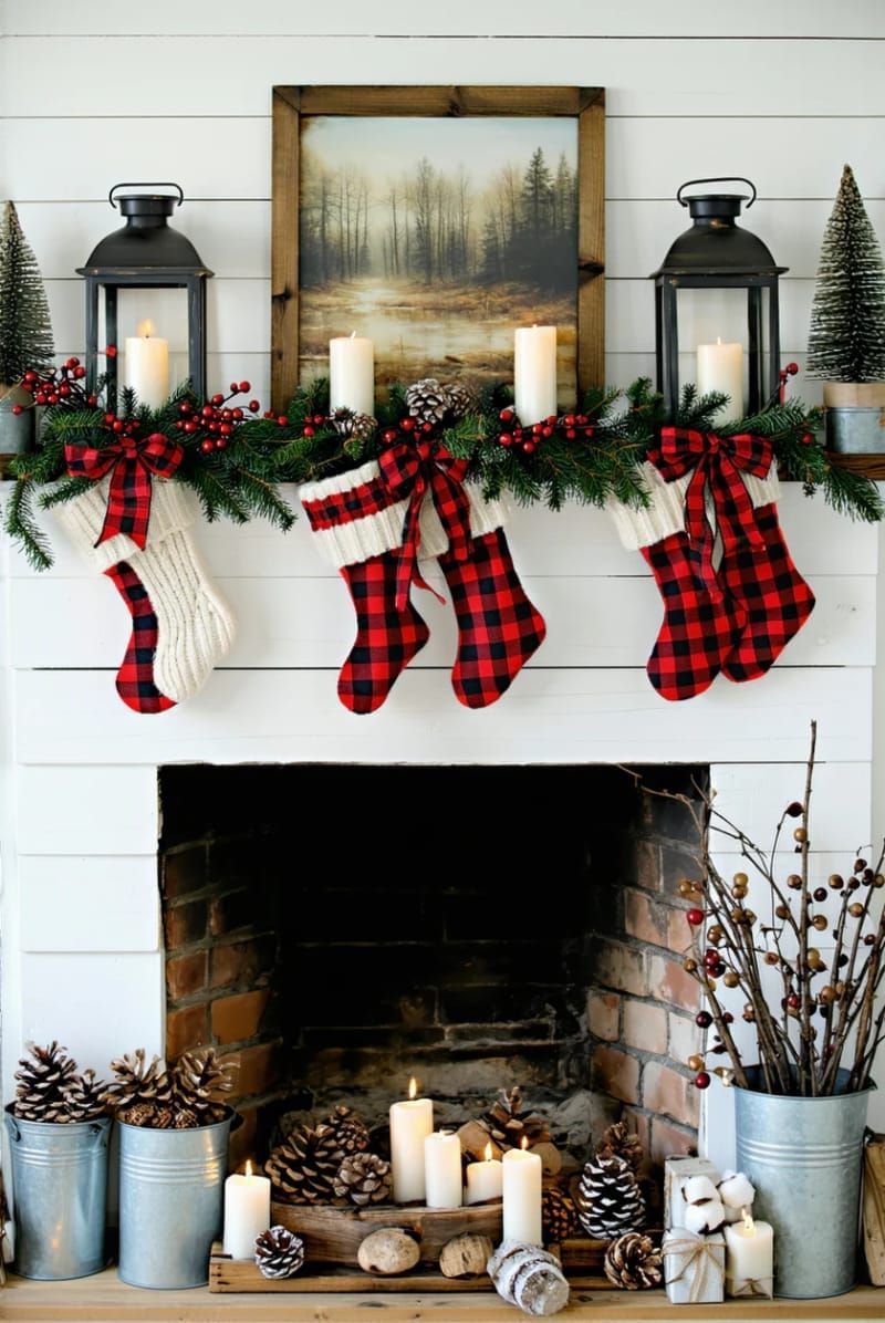 20. Farmhouse Mantel With Plaid and Berries