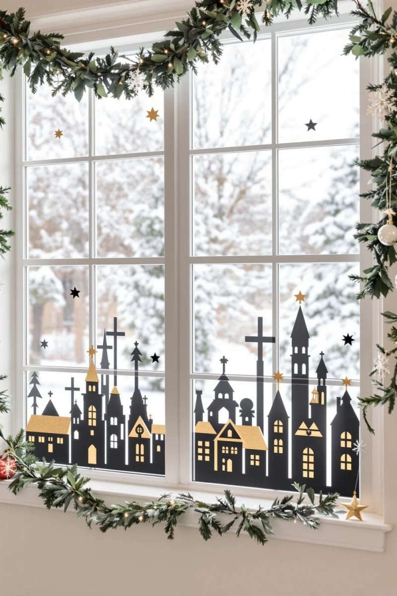 4. Modern Christmas village window clings with gold foil rooftops - photo 2