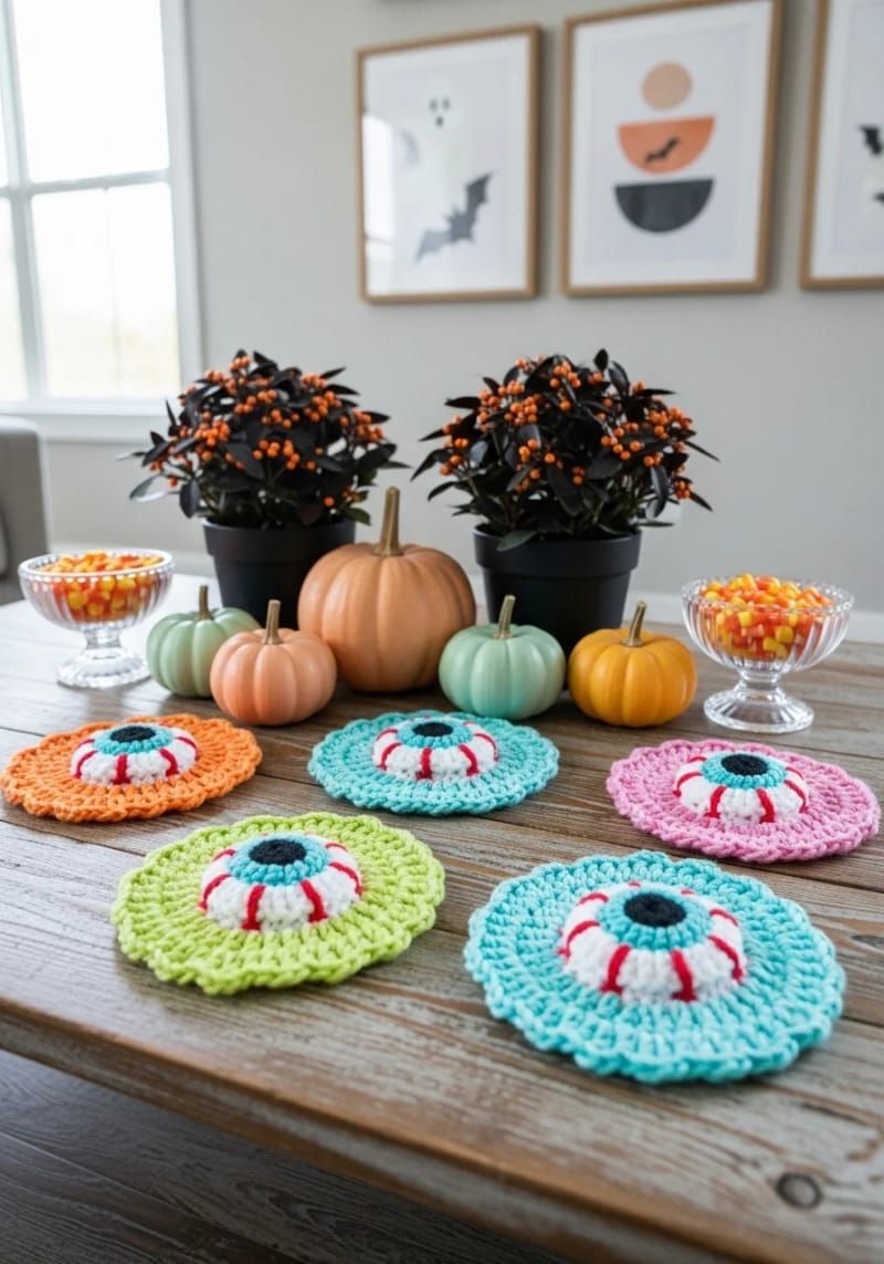 18. Crochet Eyeball Coasters in Bright Colors