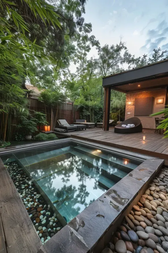 Zen Pool Landscaping with Bamboo and Pebbles