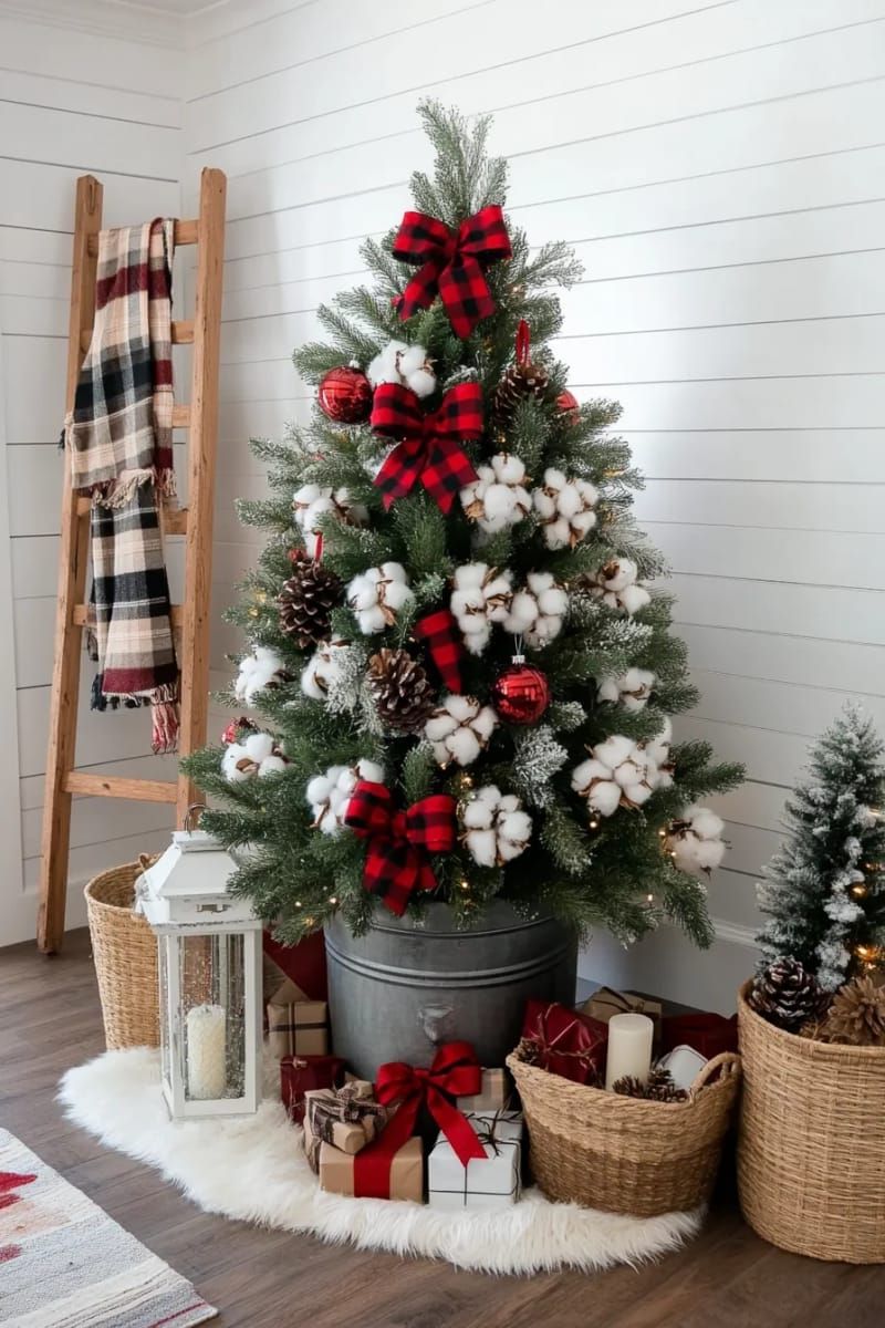 6. Rustic bucket tree with plaid ribbon accents