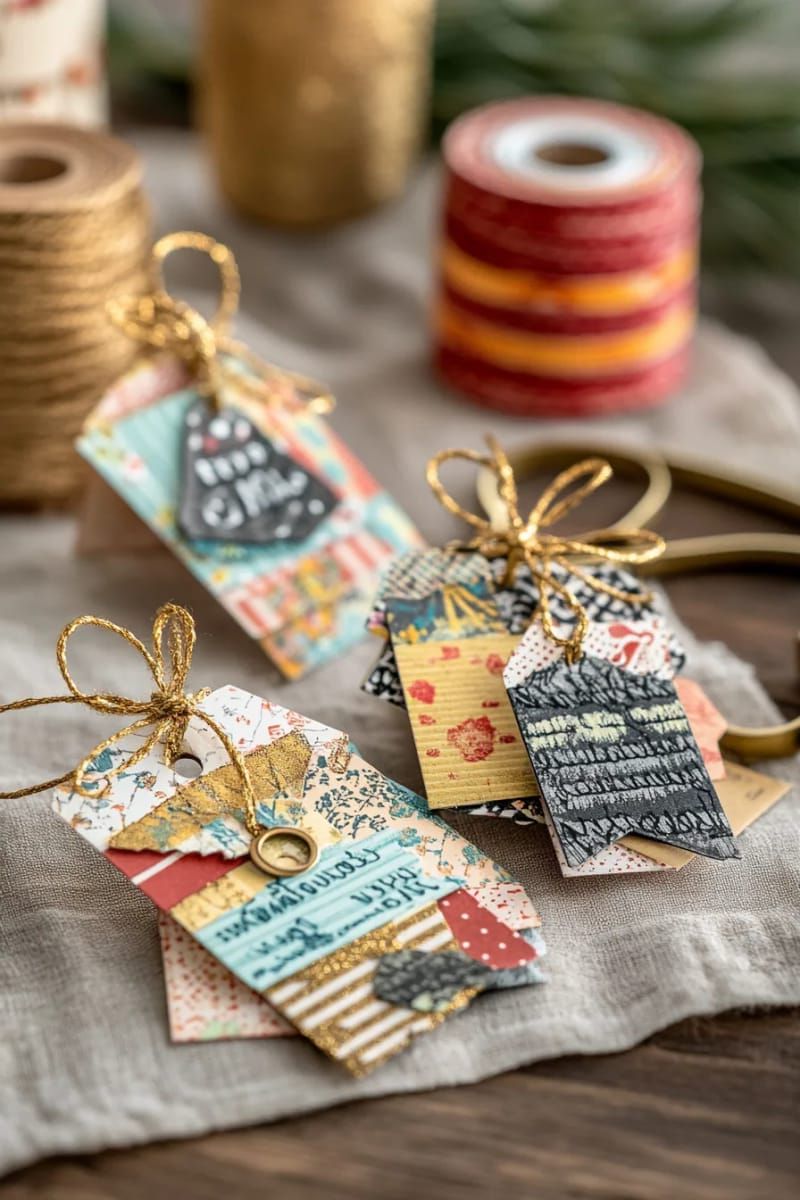 8. Recycled greeting card gift tags adorned with gold ribbon and handwritten details