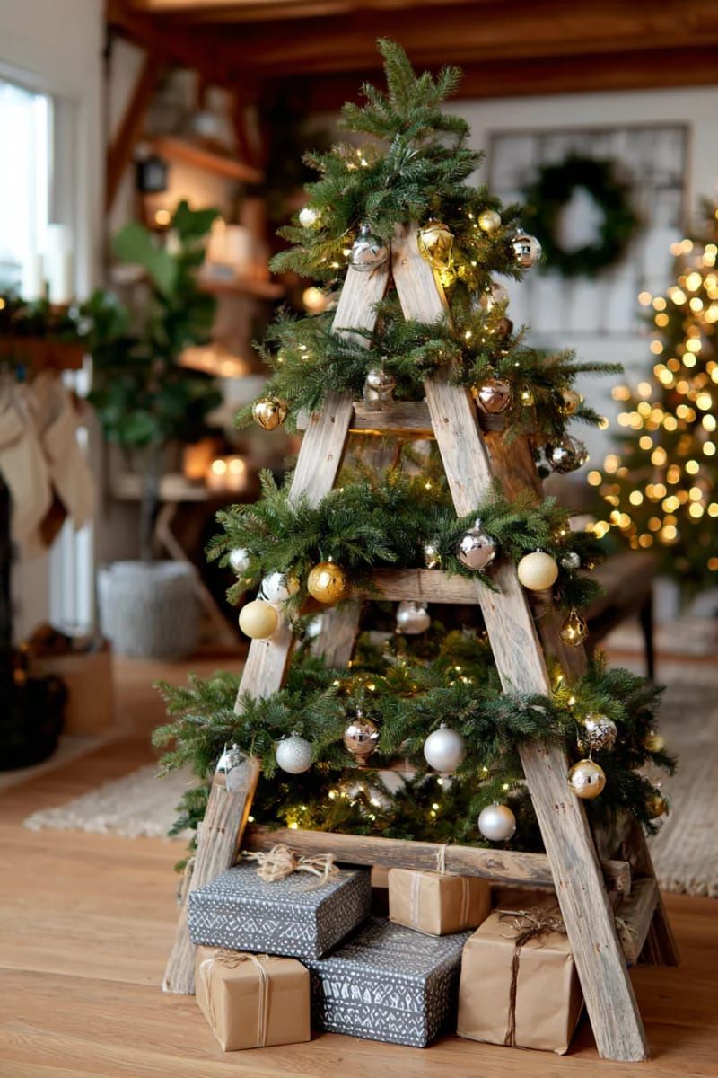 20. DIY ladder tree with garlands and metallic ornaments