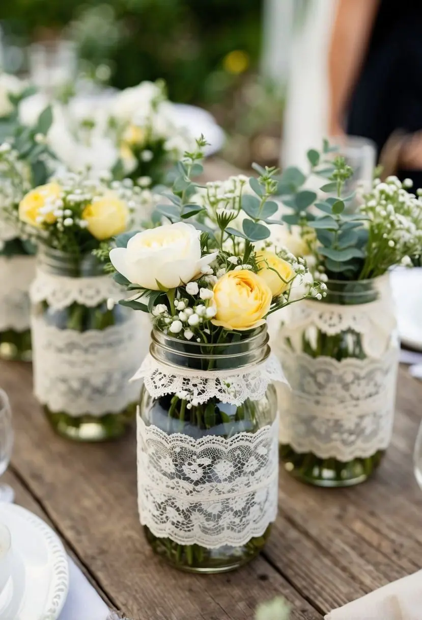 5) Rustic Mason Jars Wrapped in Lace