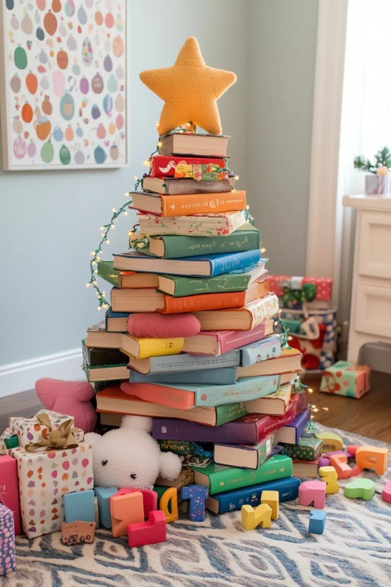 9. Stacked book tree topped with a soft star