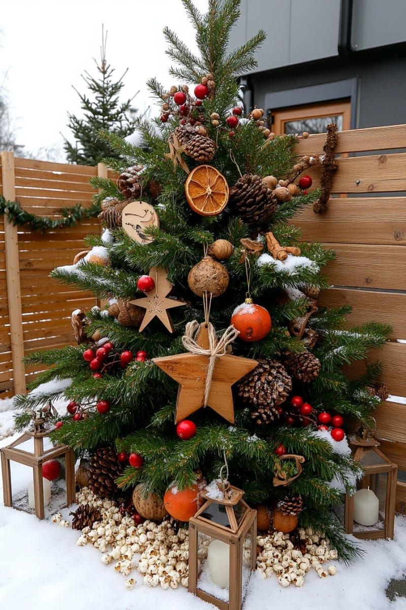 26. Outdoor Christmas Tree Decorated With Natural Materials Only