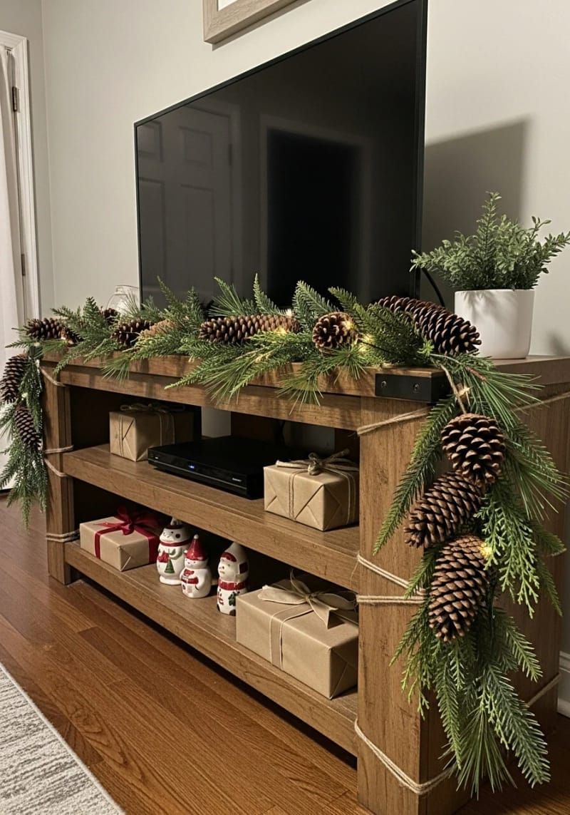 7. Pinecone and greenery garland on the TV stand - photo 2