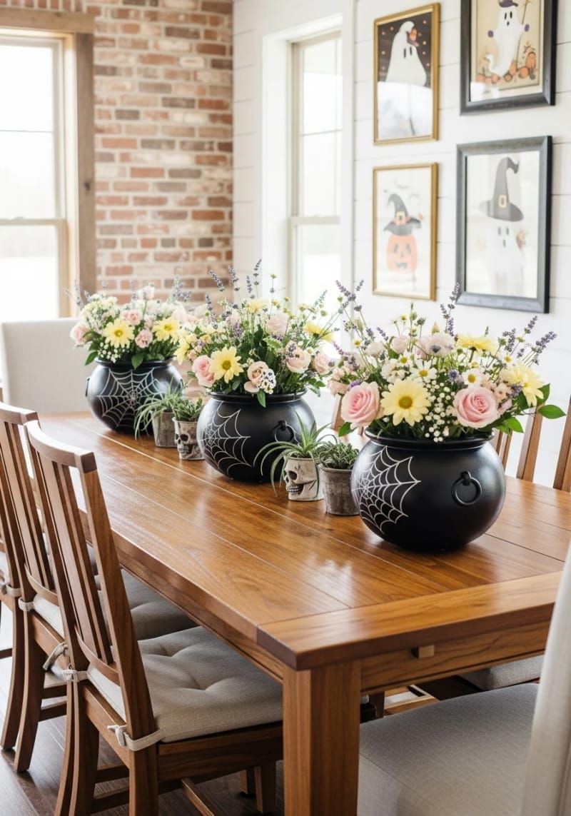 21. Spiderweb Cauldron Vases with Pastel Blooms