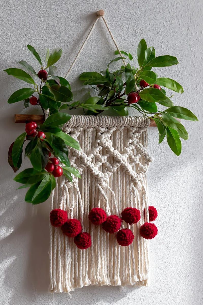 21. Macrame Wall Hanging with Red Pom-Poms - photo 2