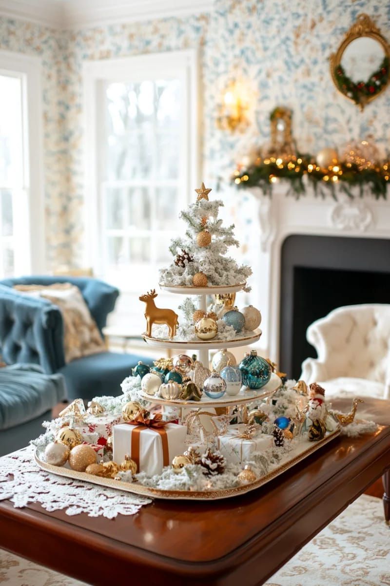 11. Stacked Trays with Retro Ornaments and Reindeer