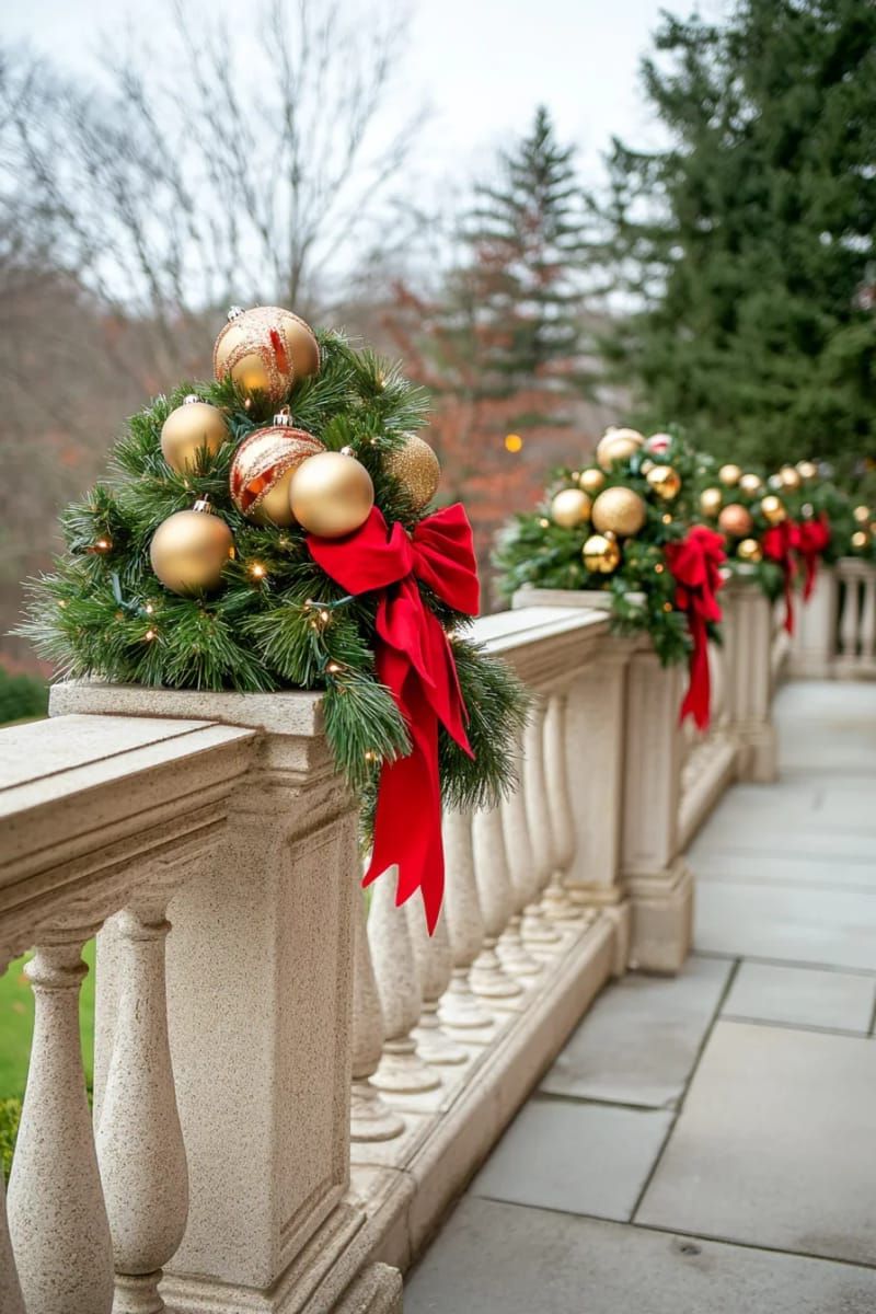 30. Gold Baubles and Red Bows Wrap the Pillars